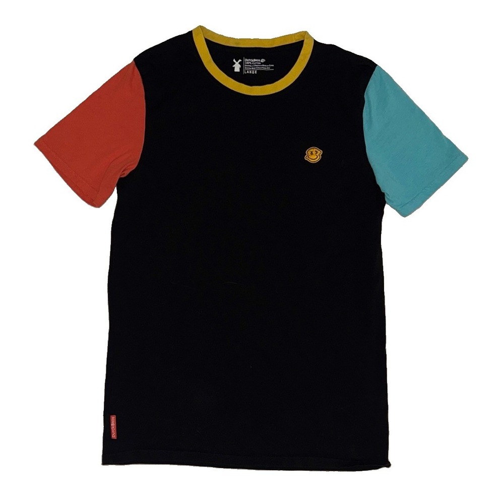 Dutch Bros Coffee Shirt Mens Large Black Blue Pink Colorblock Sleeve Smiley Face